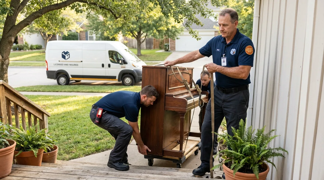 Licensed piano movers securing grand piano in Oley, PA