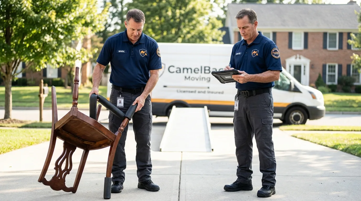 Movers inspecting furniture for damage prevention before loading in Oley, PA