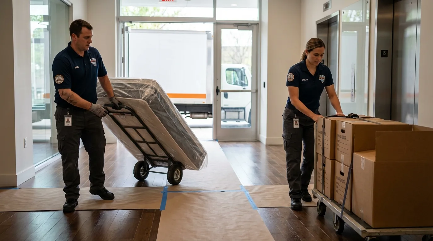 Professional apartment movers loading elevator in Oley, PA