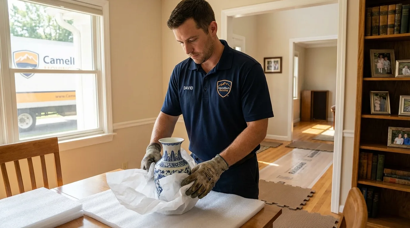 Professional crew carefully wrapping antique vase for senior downsizing move in Oley, PA
